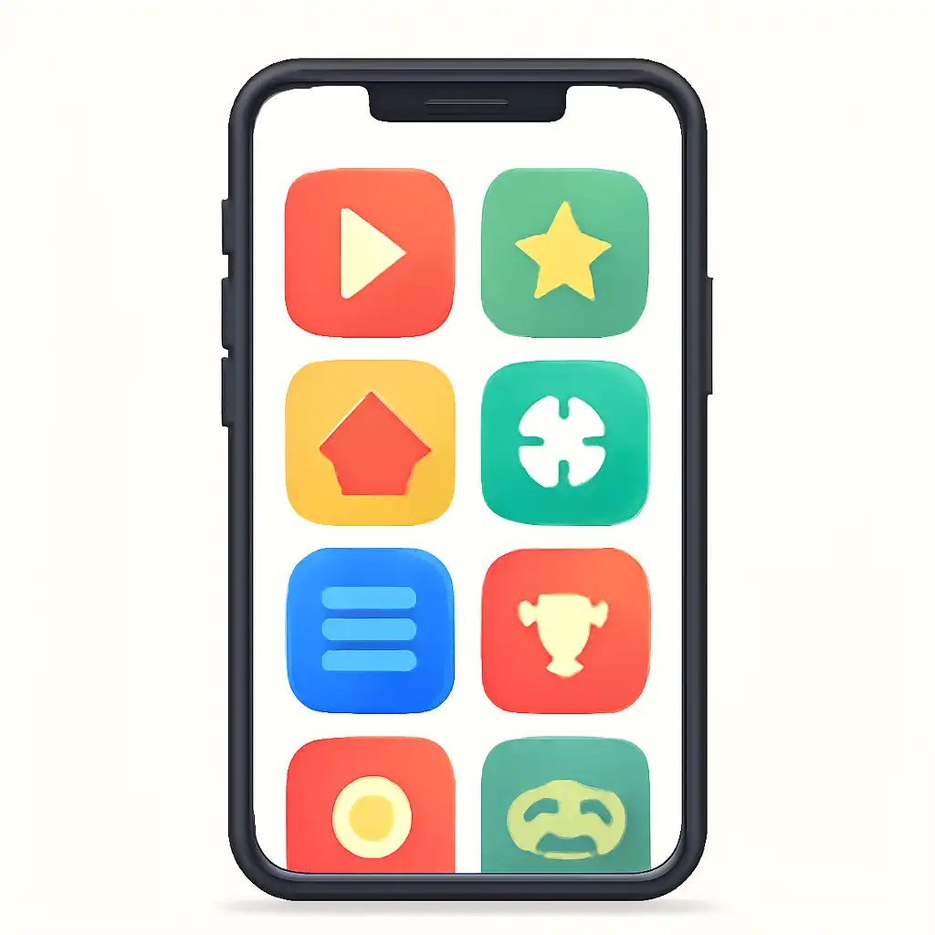 Smartphone shown from the front displaying a colourful flat layout of abstract game icons and rounded tiles (no text, no letters, no labels), 91 Club