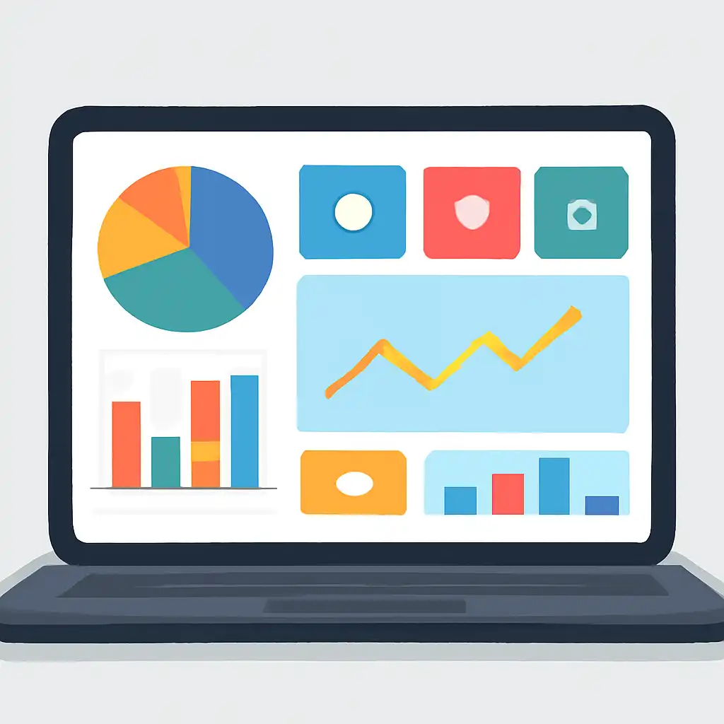 Laptop shown from the front displaying a colourful flat dashboard of abstract charts, bars and icon tiles (no text, no letters, no labels), 91 Club